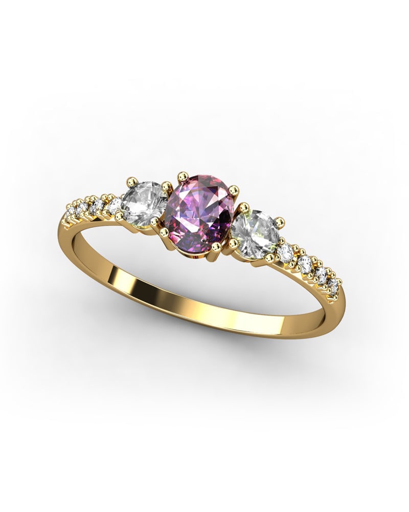 ANILLO OSIRIS DE ORO Y TOPACIOS BLANCOS CON 2 GARRAS DE 3MM Y CENTRO EN AMATISTA DE 5X4MM - CRESBER