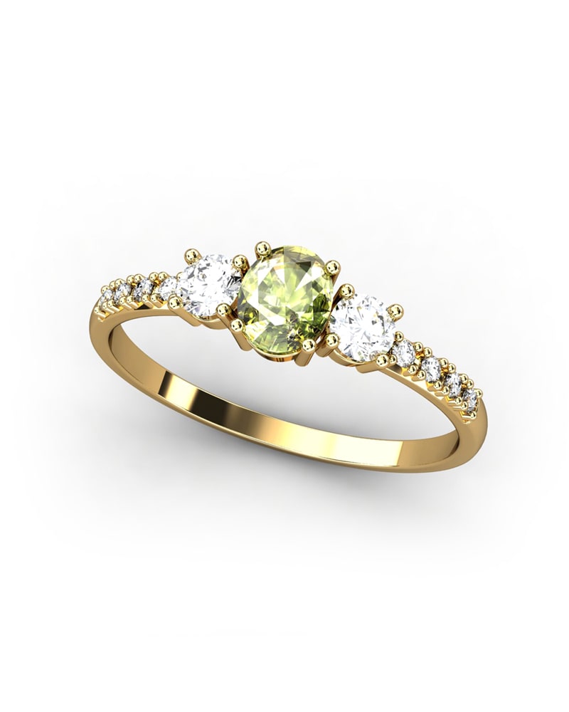 ANILLO OSIRIS DE ORO Y TOPACIOS BLANCOS CON 2 GARRAS DE 3MM Y CENTRO EN PERIDOTO DE 5X4MM - CRESBER