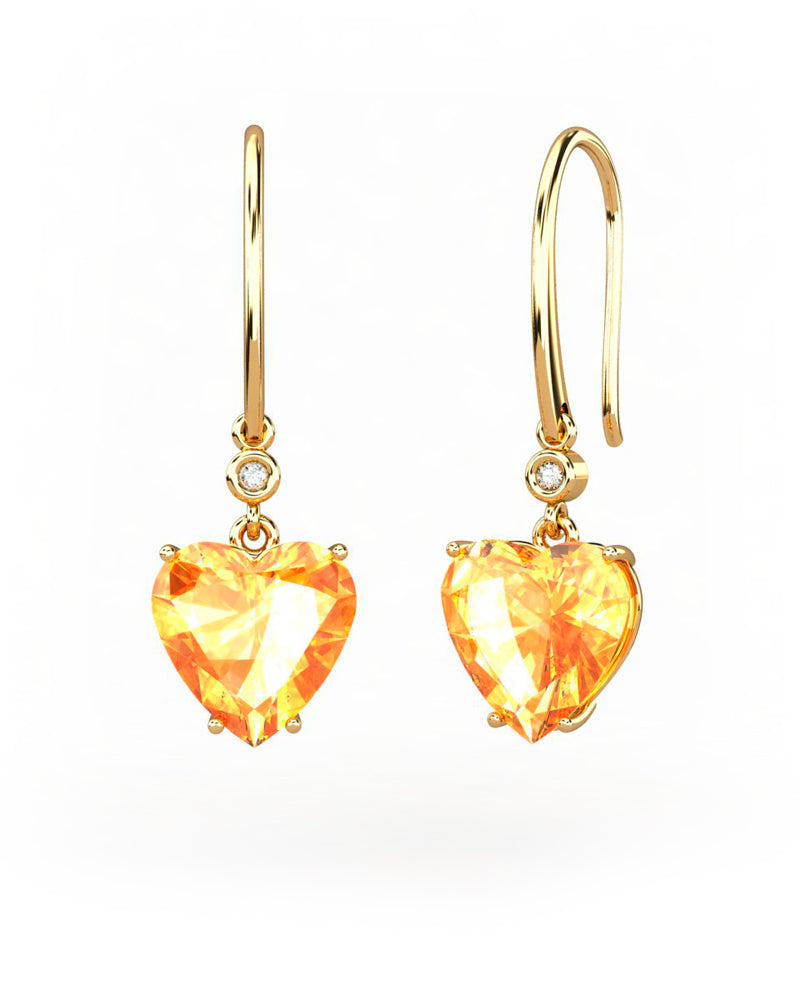 PENDIENTES GAIA GANCHO DE ORO Y DIAMANTES DE 0,01 CT CON CORAZàN FACETADA DE CITRINO 8X8MM - CRESBER