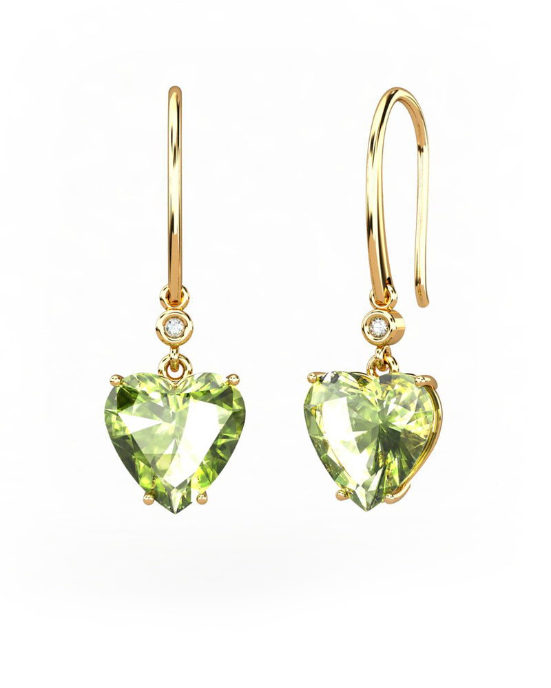 PENDIENTES GAIA GANCHO DE ORO Y DIAMANTES DE 0,01 CT CON CORAZàN FACETADA DE OLIVINA 8X8MM - CRESBER