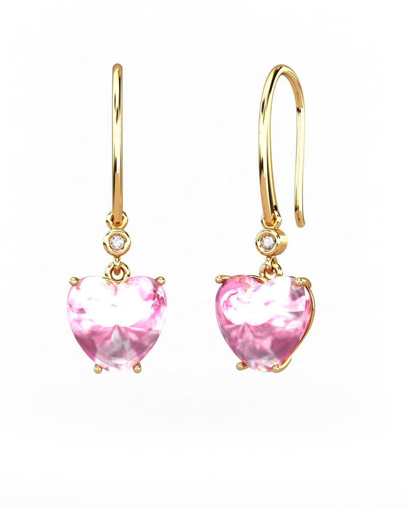 PENDIENTES GAIA GANCHO DE ORO Y DIAMANTES DE 0,01 CT CON CORAZàN DE TURMALINA CABUJàN 8X8MM - CRESBER