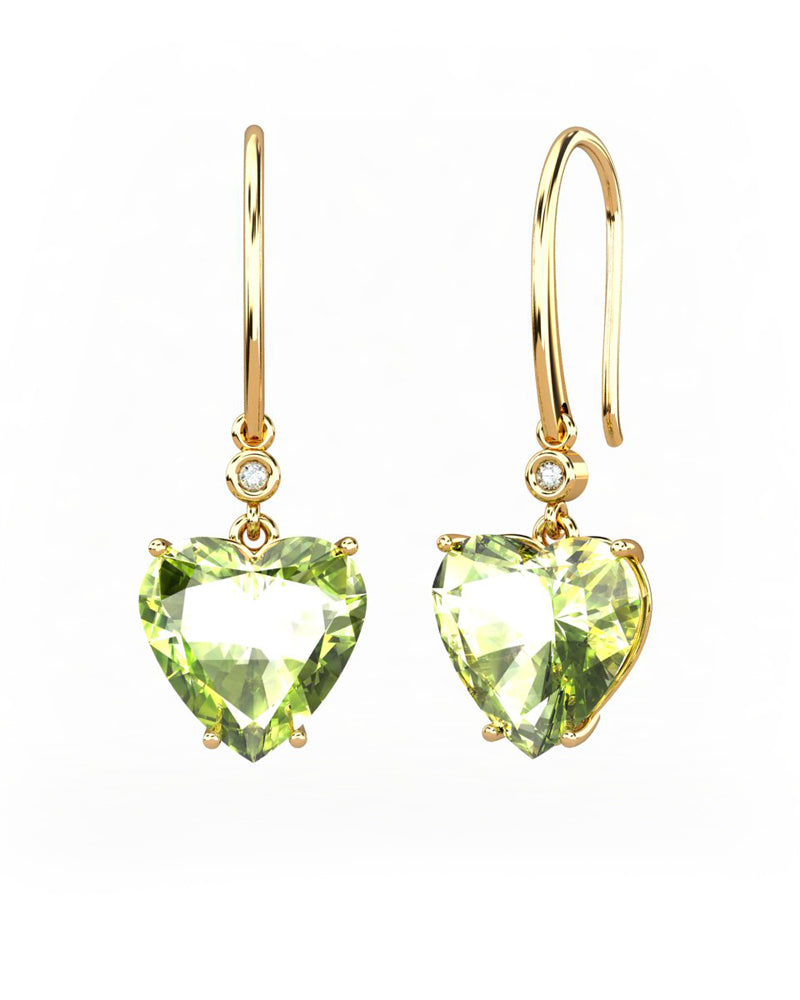 PENDIENTES GAIA GANCHO DE ORO Y DIAMANTES DE 0,01 CT CON CORAZàN FACETADA DE OLIVINA 9X9MM - CRESBER