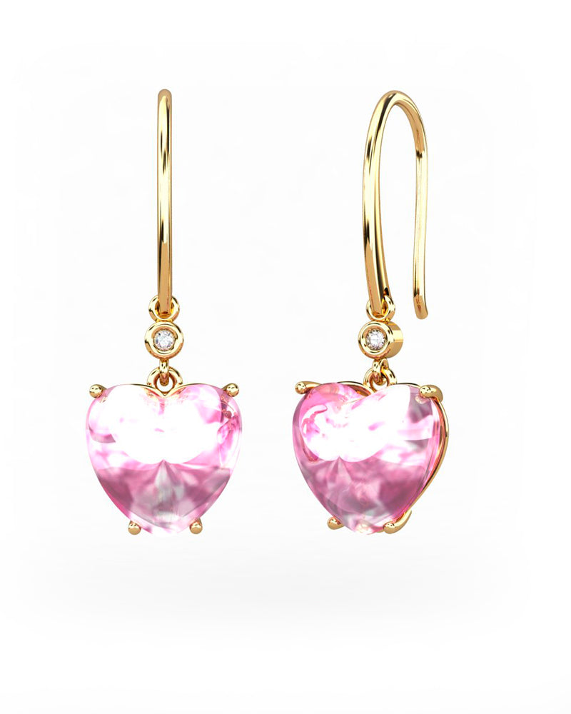 PENDIENTES GAIA GANCHO DE ORO Y DIAMANTES DE 0,01 CT CON CORAZàN DE TURMALINA CABUJàN 9X9MM - CRESBER