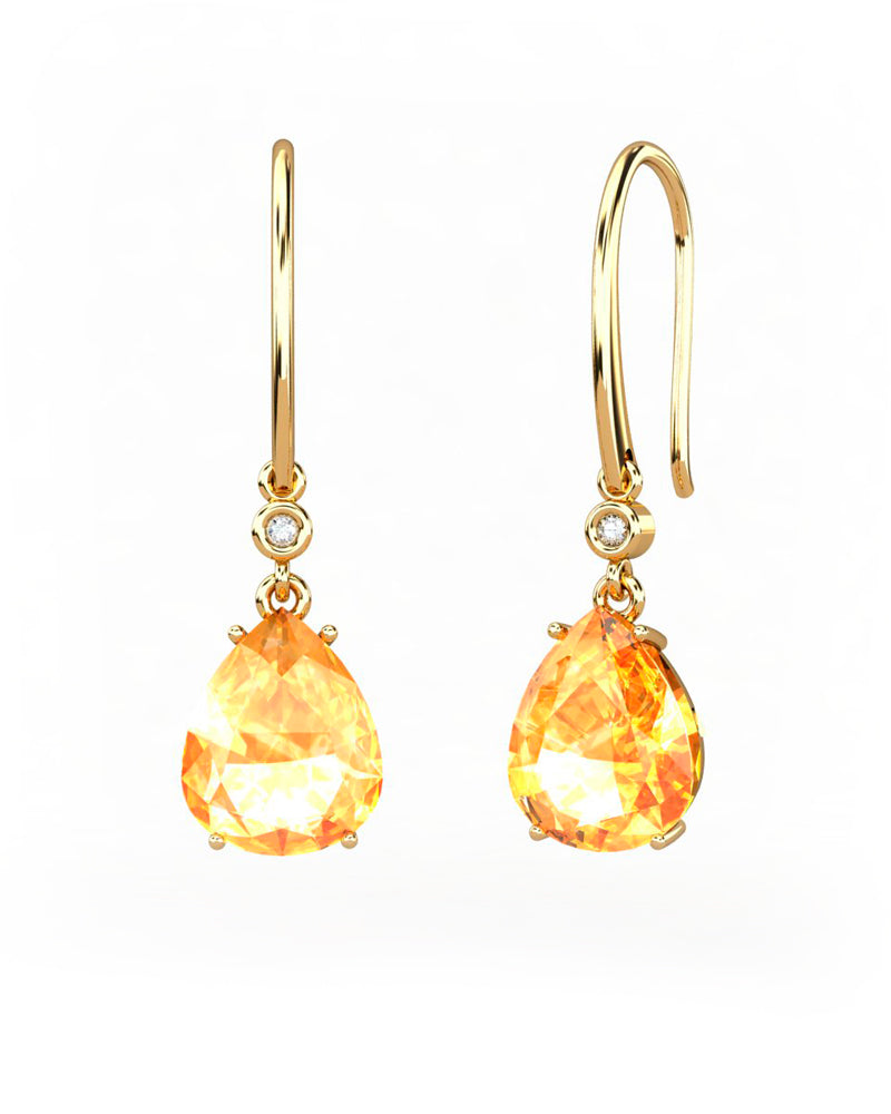 PENDIENTES GAIA GANCHO DE ORO Y DIAMANTES DE 0,01 CT CON PERA FACETADA DE CITRINO 9X7MM - CRESBER