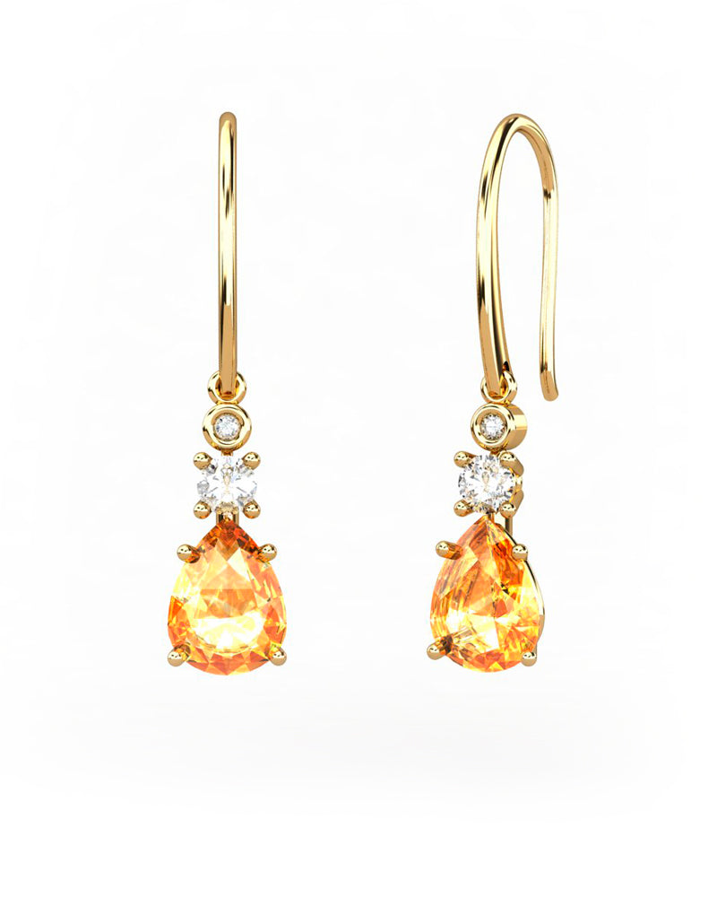 PENDIENTES GAIA GANCHO DE ORO Y DIAMANTES DE 0,01 CT Y TOPACIO CON PERA FACETADA DE CITRINO 8X6MM - CRESBER