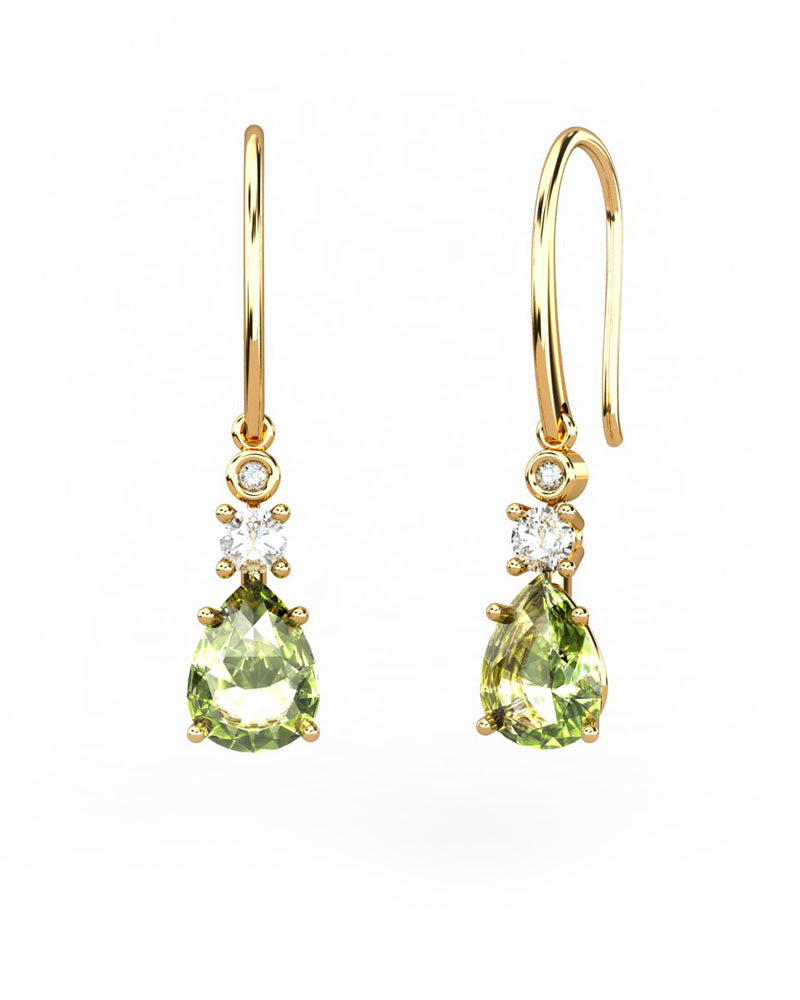 PENDIENTES GAIA GANCHO DE ORO Y DIAMANTES DE 0,01 CT Y TOPACIO CON PERA FACETADA DE OLIVINA 8X6MM - CRESBER