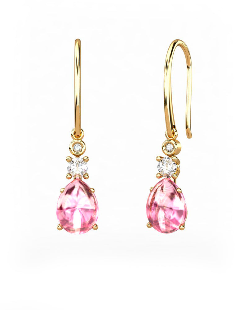 PENDIENTES GAIA GANCHO DE ORO Y DIAMANTES DE 0,01 CT Y TOPACIO CON PERA DE TURMALINA CABUJàN 8X6MM - CRESBER