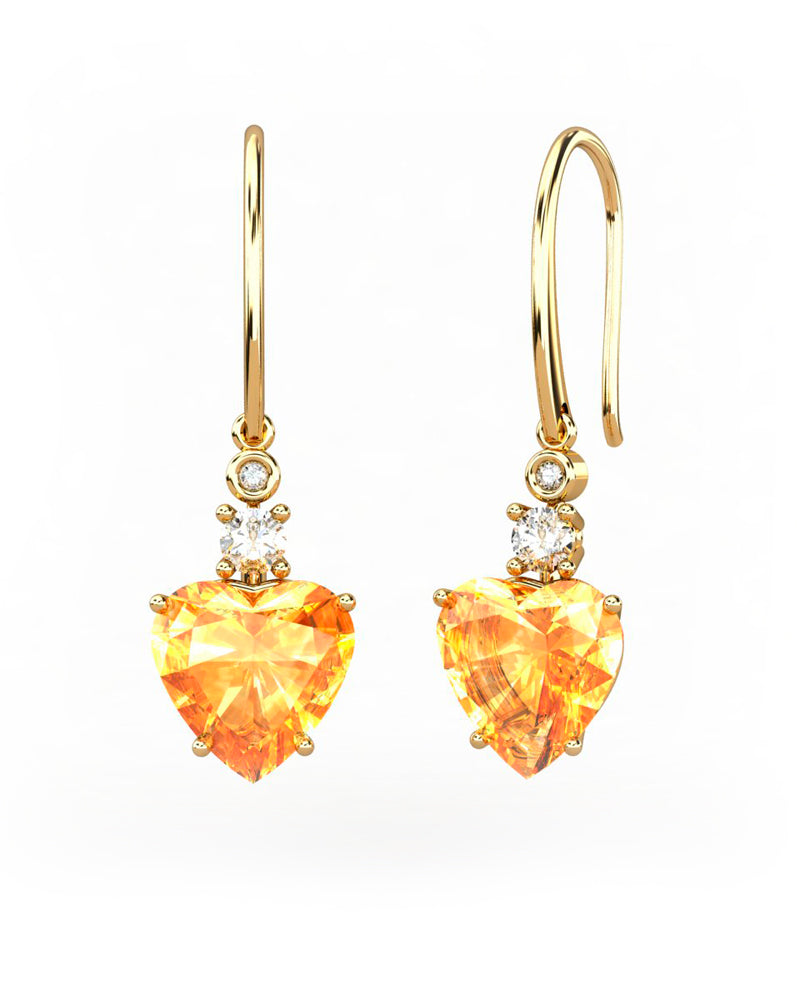 PENDIENTES GAIA DE ORO Y DIAMANTES DE 0,01 CT Y TOPACIO CON CORAZàN FACETADO DE CITRINO 9X9MM - CRESBER