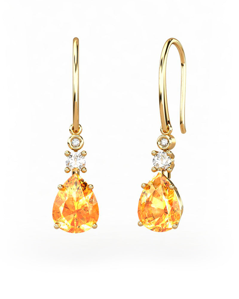 PENDIENTES GAIA DE ORO Y DIAMANTES DE 0,01 CT Y TOPACIO CON PERA FACETADA DE CITRINO 9X7MM - CRESBER