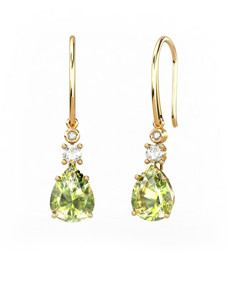 PENDIENTES GAIA DE ORO Y DIAMANTES DE 0,01 CT Y TOPACIO CON PERA FACETADA DE OLIVINA 9X7MM - CRESBER