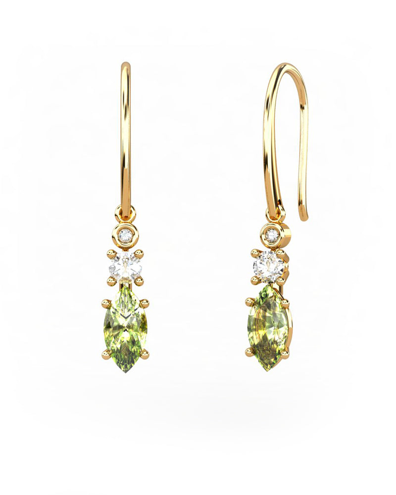 PENDIENTES GAIA DE ORO Y DIAMANTES DE 0,01 CT Y TOPACIO CON MARQUISE FACETADO DE OLIVINA 8X4MM - CRESBER