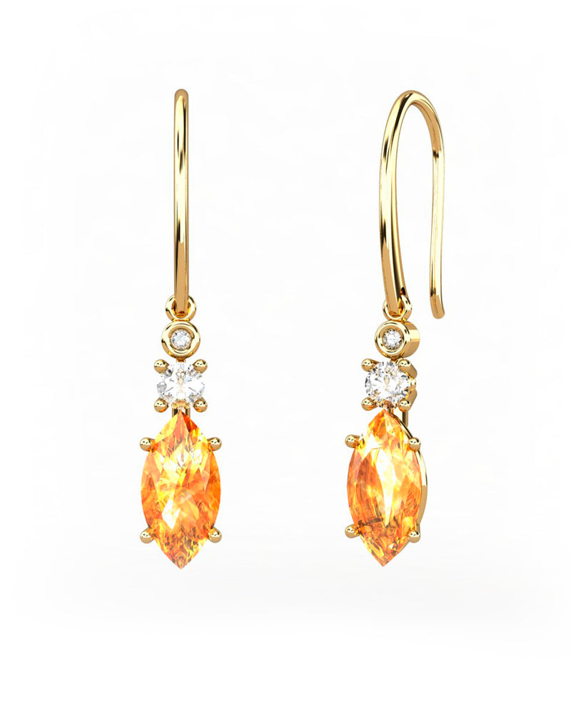 PENDIENTES GAIA DE ORO Y DIAMANTES DE 0,01 CT Y TOPACIO CON MARQUISE FACETADO DE CITRINO 10X5MM - CRESBER
