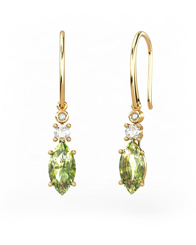 PENDIENTES GAIA DE ORO Y DIAMANTES DE 0,01 CT Y TOPACIO CON MARQUISE FACETADO DE OLIVINA 10X5MM - CRESBER