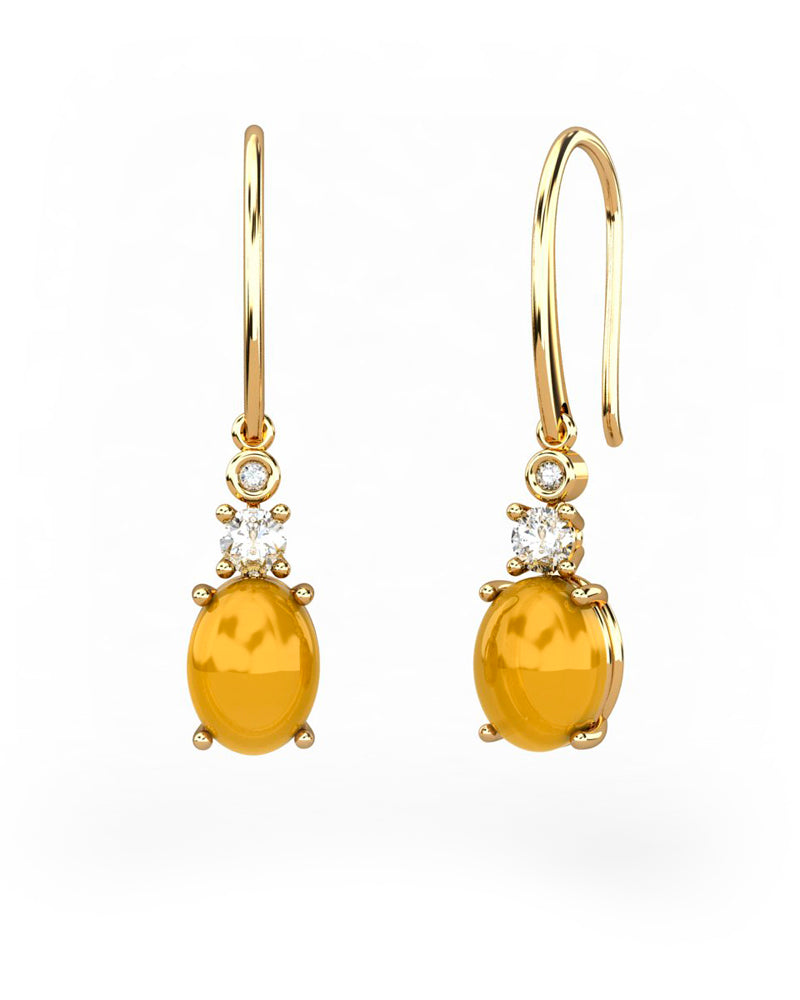 PENDIENTES GAIA DE ORO Y DIAMANTES DE 0,01 CT Y TOPACIO CON OVAL CABUJàN CITRINO 8X6MM - CRESBER