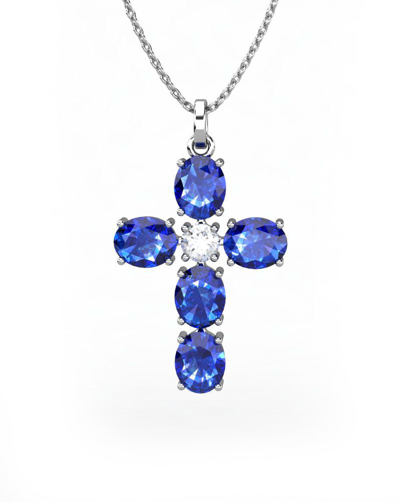 COLGANTE SPIRITUAL CRUZ DE DIAMANTE 0,27 CT Y ZAFIROS OVALES - CRESBER
