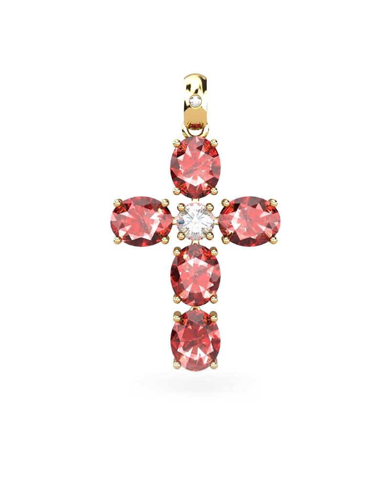 COLGANTE SPIRITUAL CRUZ DE DIAMANTE 0,12 CT Y RUBIES OVALES - CRESBER