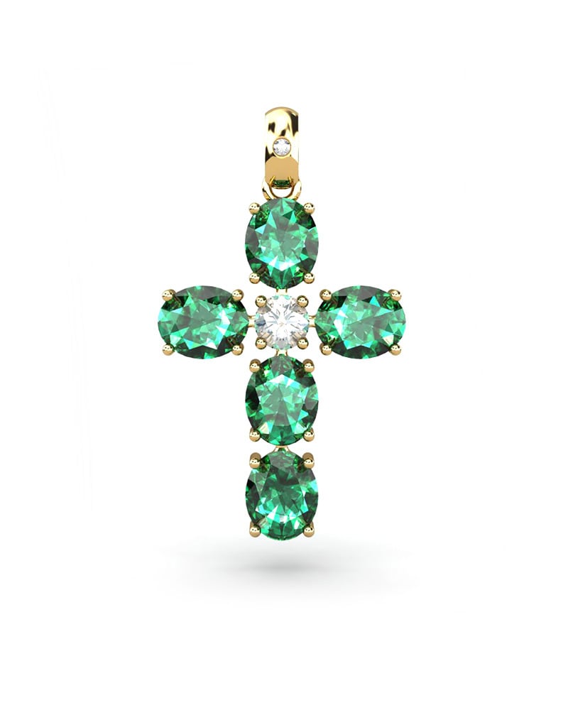 COLGANTE SPIRITUAL CRUZ DE DIAMANTE 0,12 CT Y ESMERALDAS OVALES - CRESBER