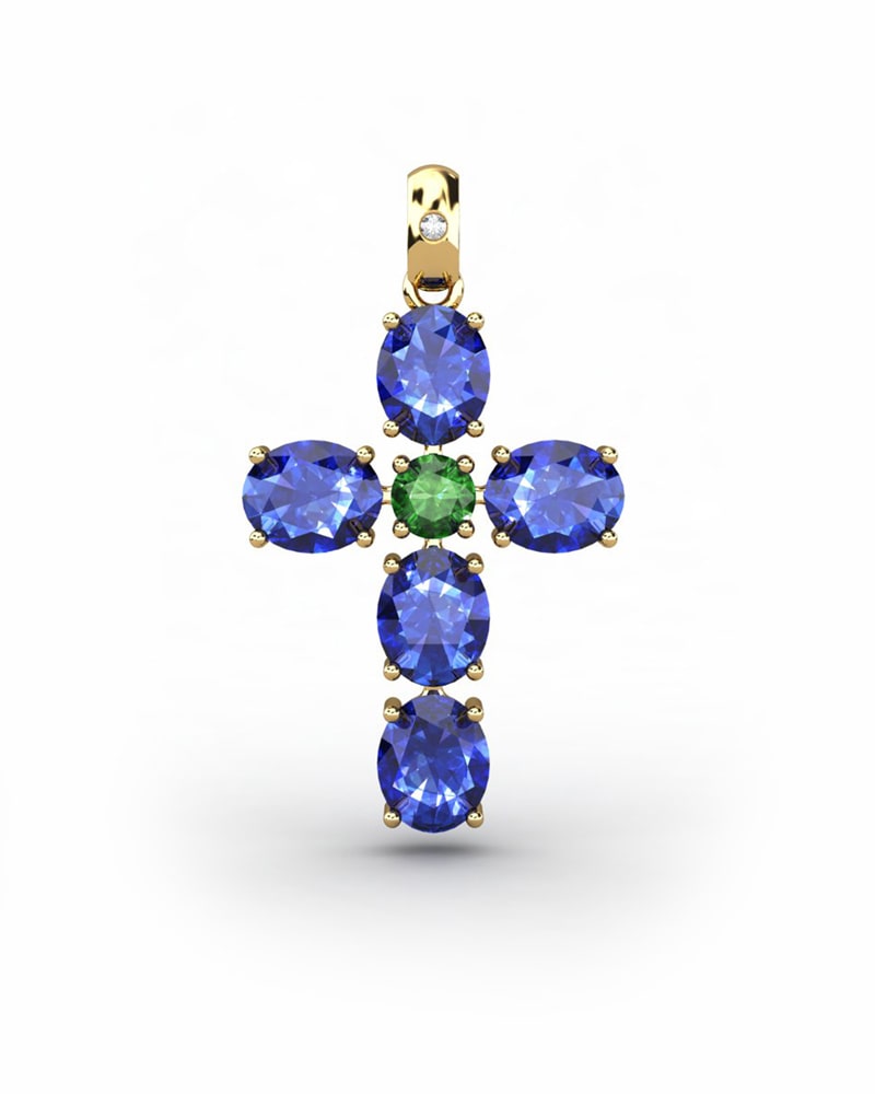 COLGANTE SPIRITUAL CRUZ DE DIAMANTE 0,01 CT Y ZAFIROS OVALES Y ESMERALDA - CRESBER
