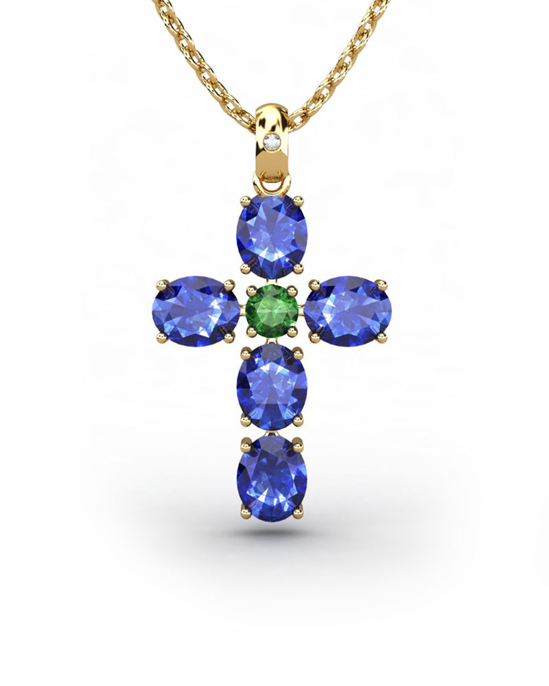 COLGANTE SPIRITUAL CRUZ DE DIAMANTE 0,01 CT Y ZAFIROS OVALES Y ESMERALDA - CRESBER