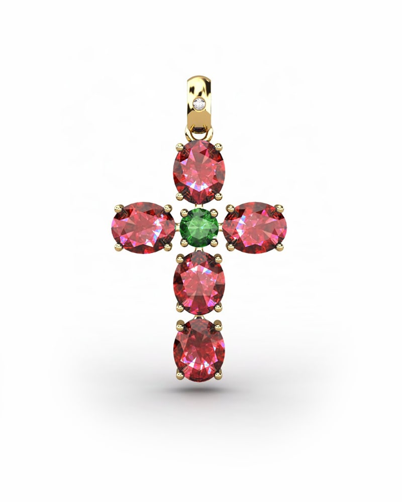 COLGANTE SPIRITUAL CRUZ DE DIAMANTE 0,01 CT Y RUBIES OVALES Y ESMERALDA - CRESBER