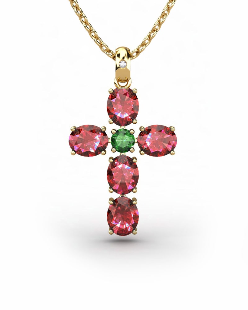 COLGANTE SPIRITUAL CRUZ DE DIAMANTE 0,01 CT Y RUBIES OVALES Y ESMERALDA - CRESBER