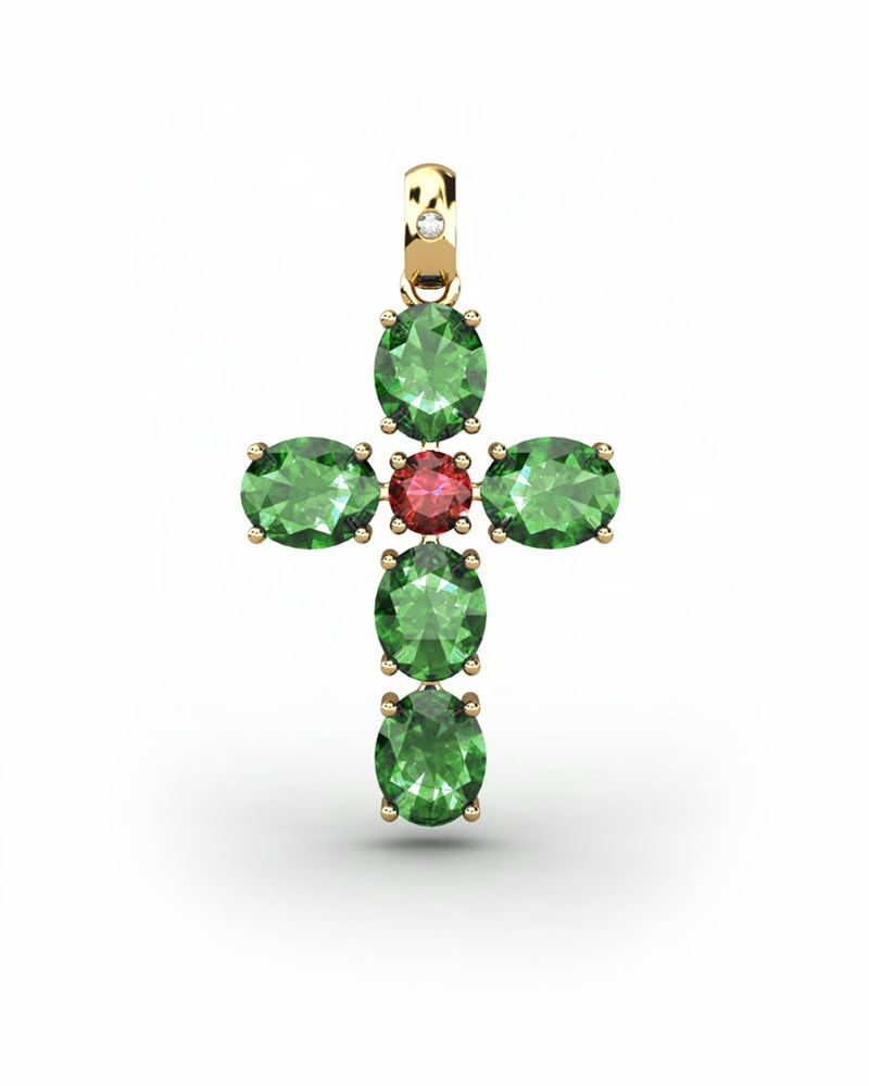 COLGANTE SPIRITUAL CRUZ DE DIAMANTE 0,01 CT Y ESMERALDAS OVALES Y RUBI - CRESBER