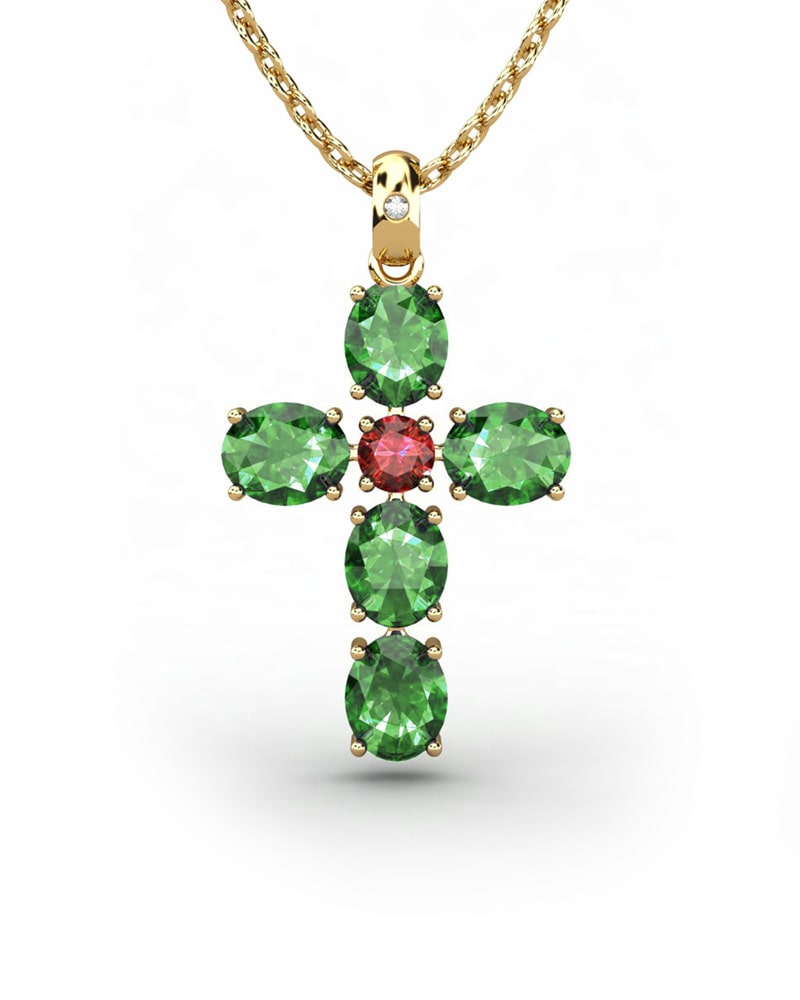 COLGANTE SPIRITUAL CRUZ DE DIAMANTE 0,01 CT Y ESMERALDAS OVALES Y RUBI - CRESBER