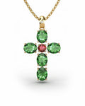 COLGANTE SPIRITUAL CRUZ DE DIAMANTE 0,01 CT Y ESMERALDAS OVALES Y RUBI - CRESBER
