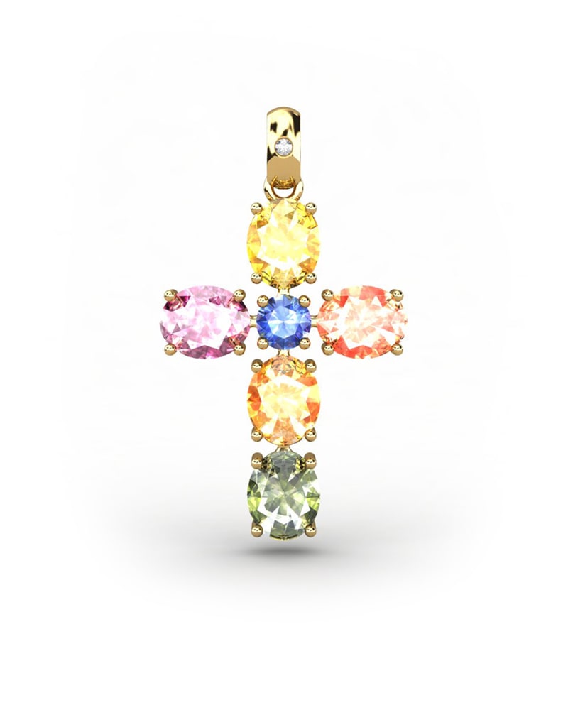 COLGANTE SPIRITUAL CRUZ DE DIAMANTE 0,01 CT Y ZAFIROS MULTICOLOR OVALES - CRESBER