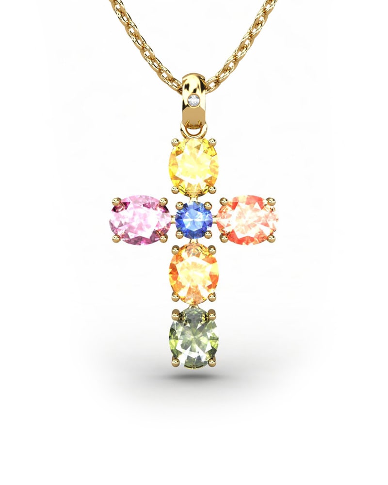COLGANTE SPIRITUAL CRUZ DE DIAMANTE 0,01 CT Y ZAFIROS MULTICOLOR OVALES - CRESBER