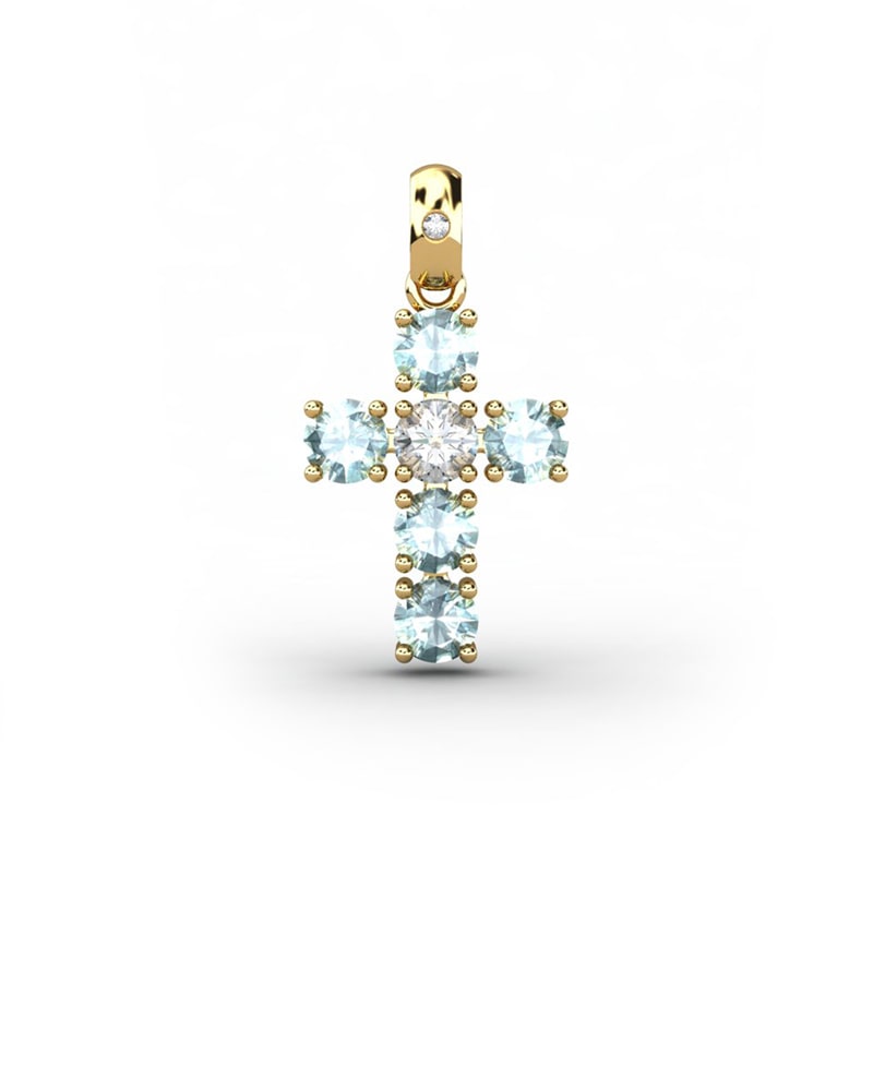 COLGANTE SPIRITUAL CRUZ DE DIAMANTE 0,01 CT Y TOPACIOS AZULES - CRESBER