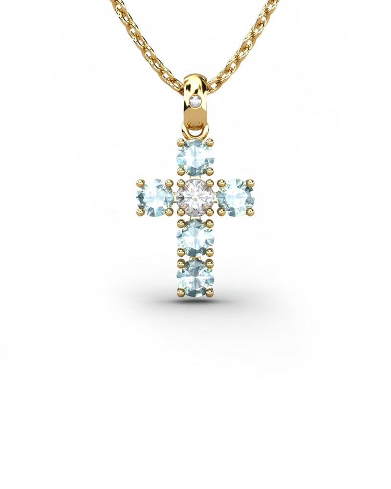 COLGANTE SPIRITUAL CRUZ DE DIAMANTE 0,01 CT Y TOPACIOS AZULES - CRESBER