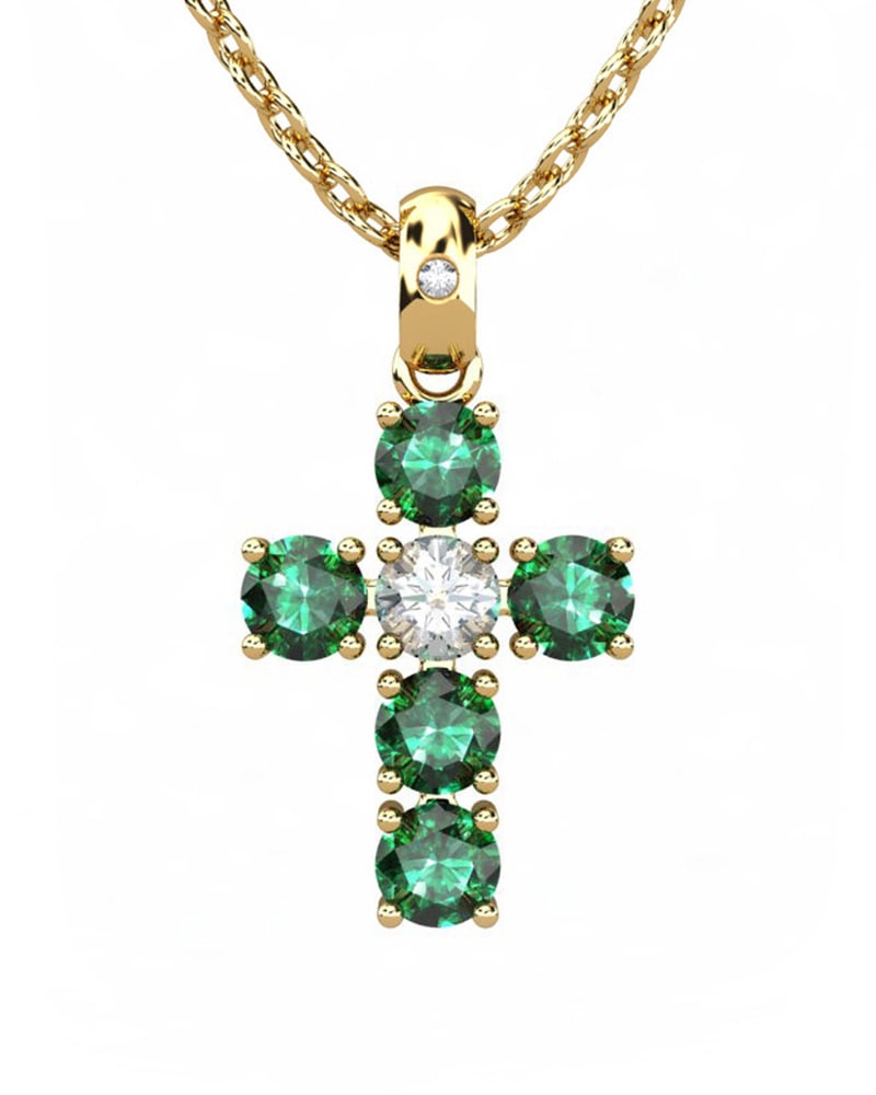 COLGANTE SPIRITUAL CRUZ DE DIAMANTE 0,12 CT Y ESMERALDAS - CRESBER