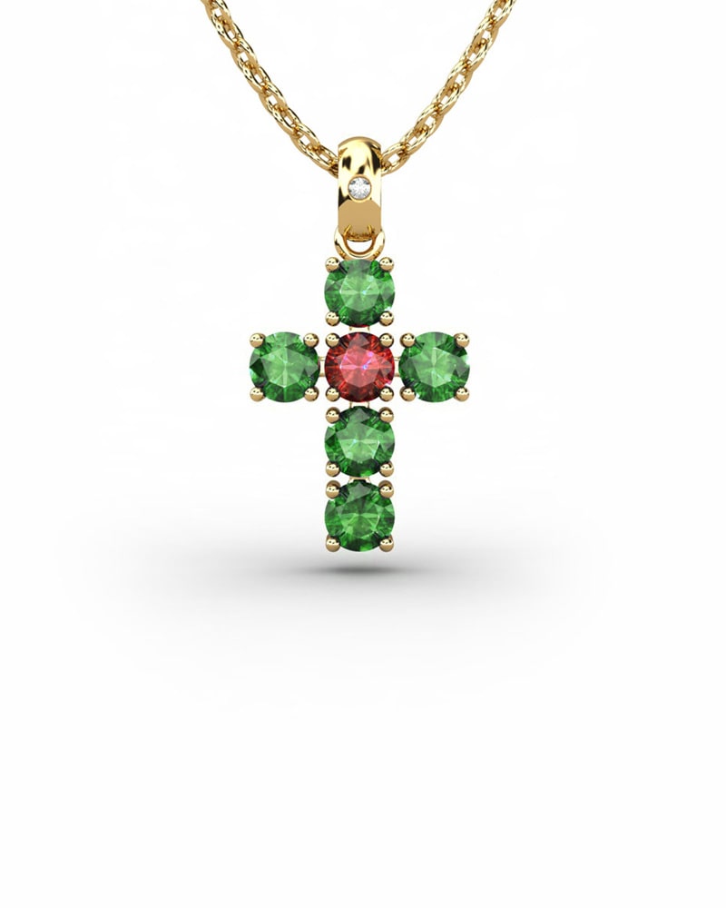 COLGANTE SPIRITUAL CRUZ DE DIAMANTE 0,01 CT Y ESMERALDAS Y RUBI - CRESBER