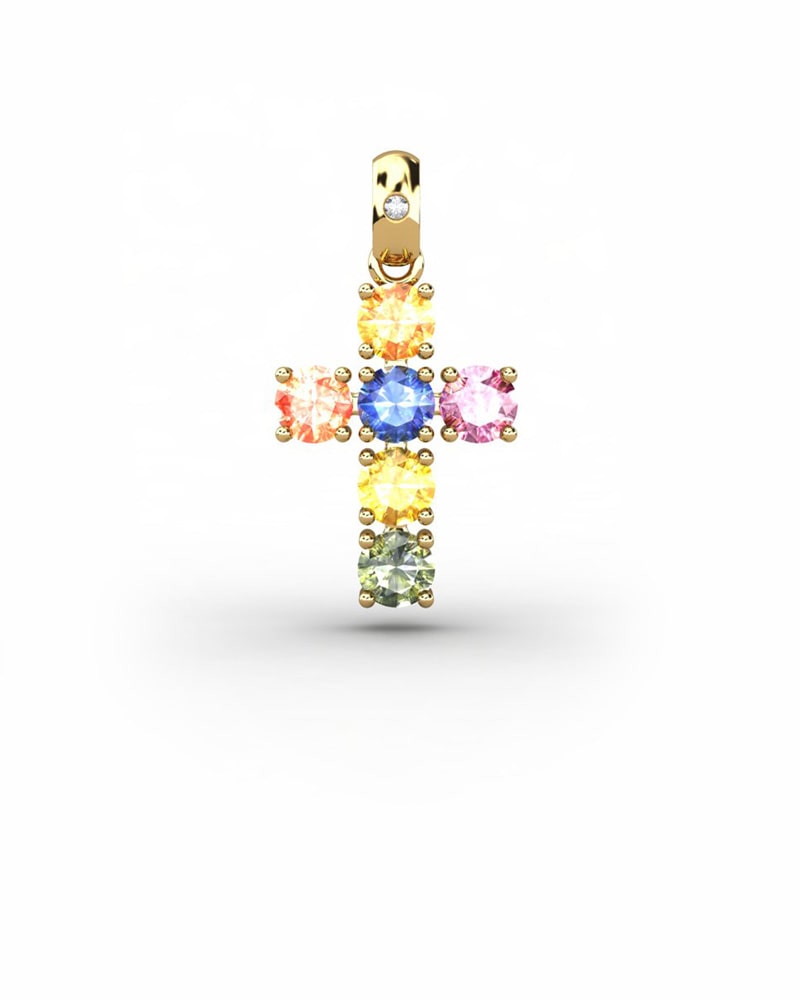 COLGANTE SPIRITUAL CRUZ DE DIAMANTE 0,01 CT Y ZAFIROS MULTICOLOR - CRESBER