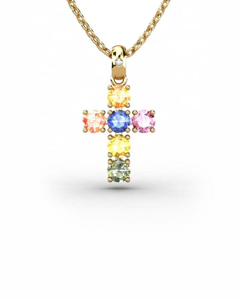 COLGANTE SPIRITUAL CRUZ DE DIAMANTE 0,01 CT Y ZAFIROS MULTICOLOR - CRESBER