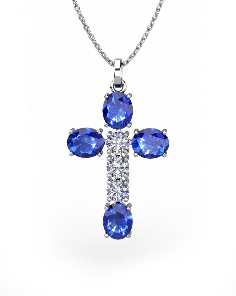 COLGANTE SPIRITUAL CRUZ DE DIAMANTE 0,34 CT Y ZAFIROS - CRESBER
