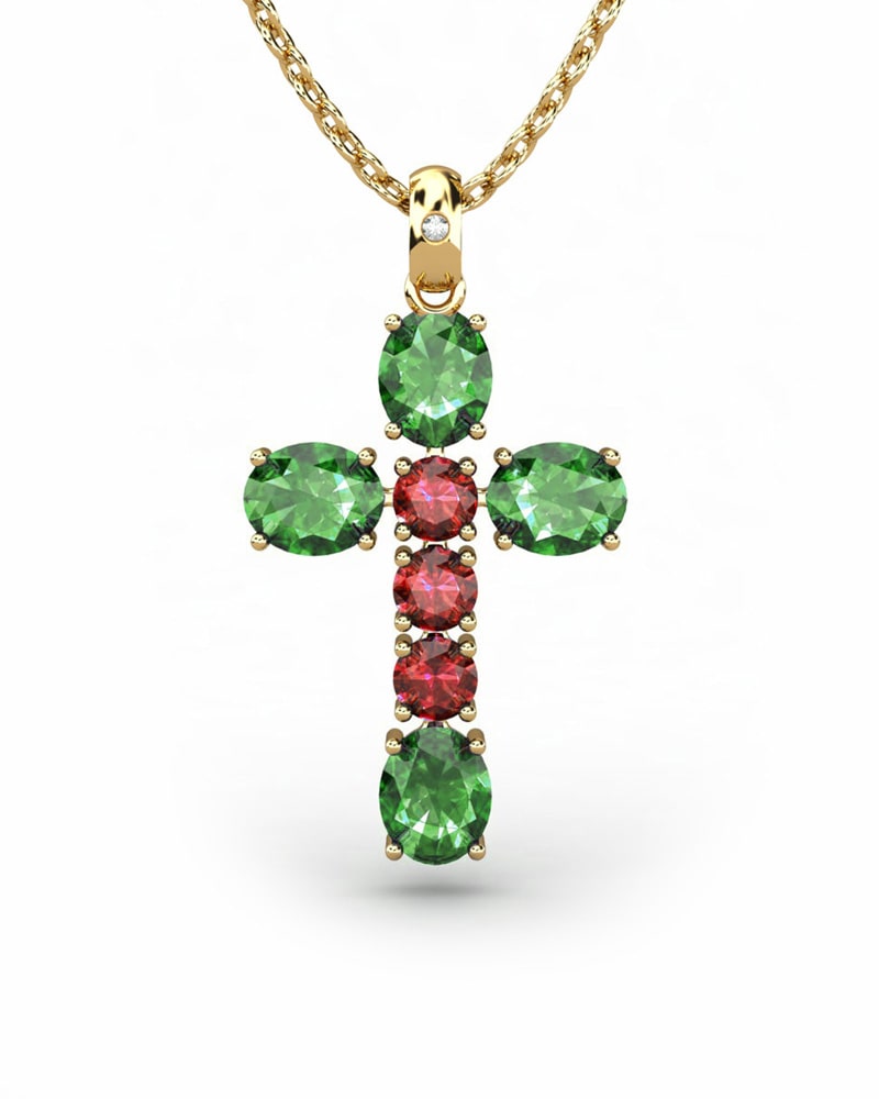 COLGANTE SPIRITUAL CRUZ DE DIAMANTE 0,01 CT Y ESMERALDAS OVALES Y RUBI - CRESBER