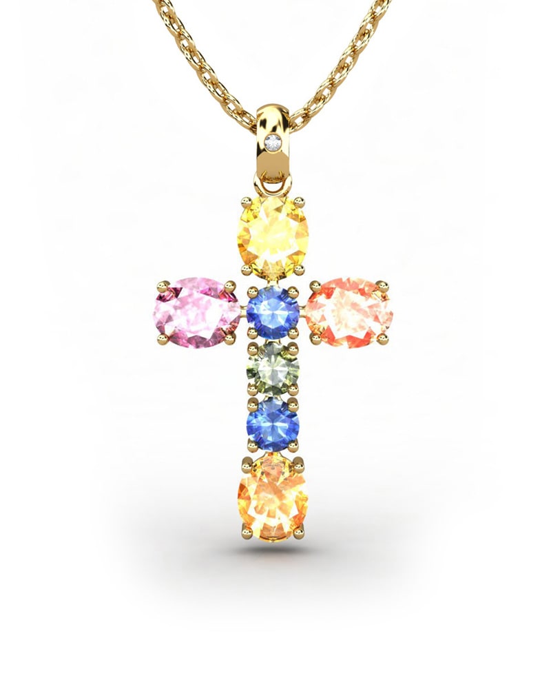 COLGANTE SPIRITUAL CRUZ DE DIAMANTE 0,01 CT Y ZAFIROS MULTICOLOR - CRESBER