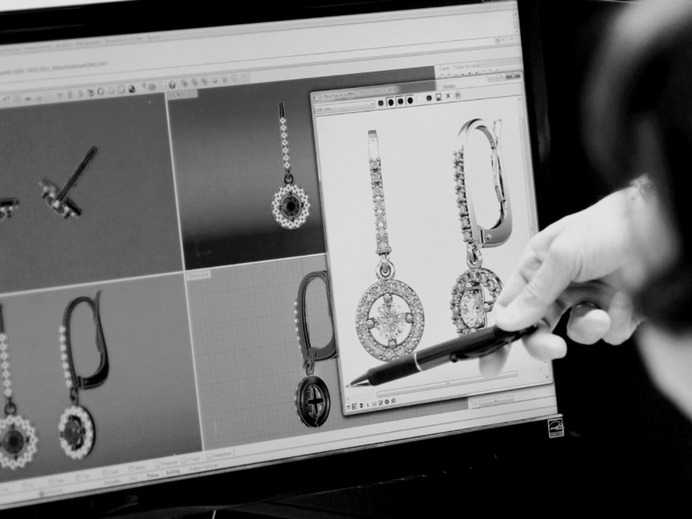 Diseño de joyas en 3D en CRESBER, una fase clave del proceso a medida que permite definir proporciones, engastes y acabados antes de la fabricación artesanal.