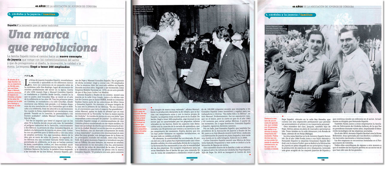 Recorte de prensa que documenta la historia y evolución de la joyería Espaliú, referente del sector joyero en Córdoba. Rey JuanCarlos entregando premio an Antonio Espaliú, fundador de CRESBER. 