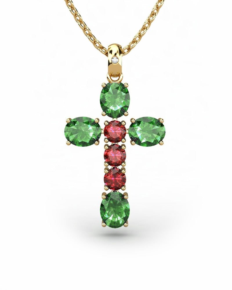 COLGANTE SPIRITUAL CRUZ DE DIAMANTE 0,01 CT Y ESMERALDAS OVALES Y RUBI - CRESBER
