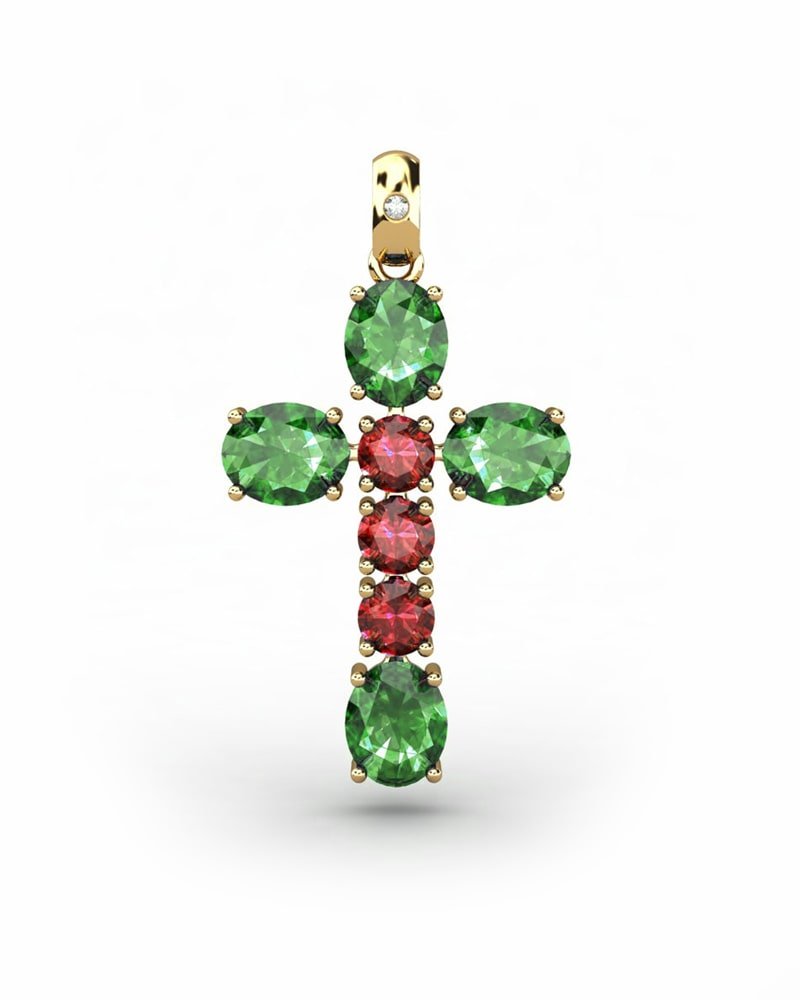 COLGANTE SPIRITUAL CRUZ DE DIAMANTE 0,01 CT Y ESMERALDAS OVALES Y RUBI - CRESBER