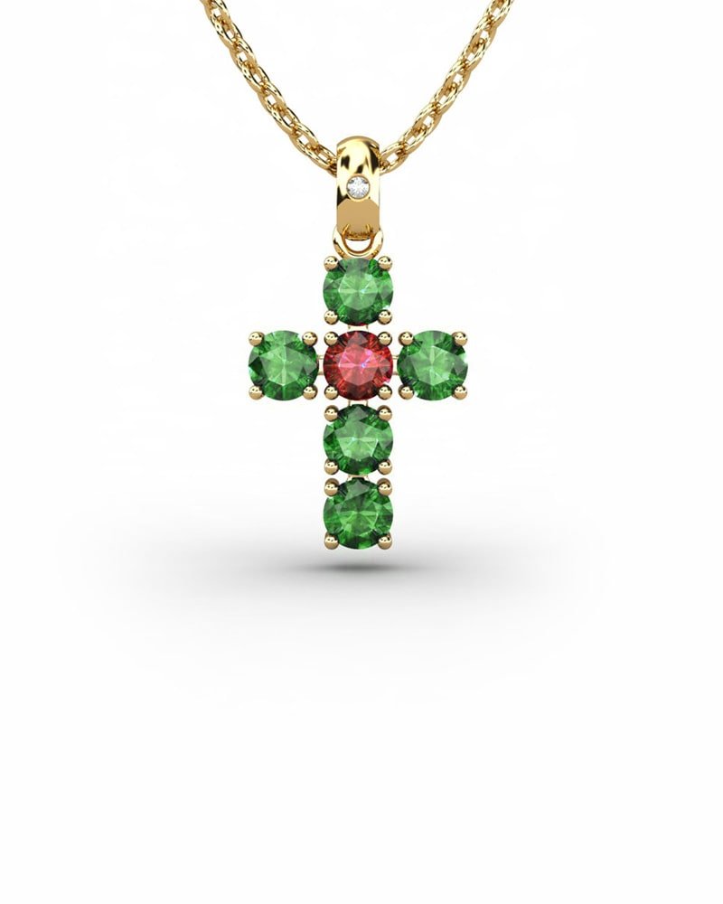 COLGANTE SPIRITUAL CRUZ DE DIAMANTE 0,01 CT Y ESMERALDAS Y RUBI - CRESBER