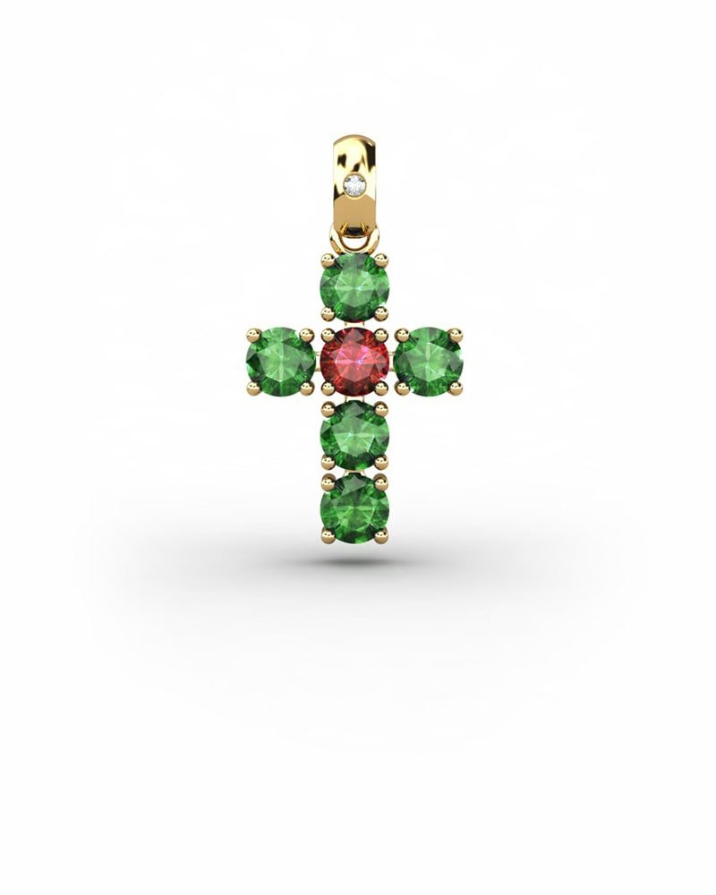 COLGANTE SPIRITUAL CRUZ DE DIAMANTE 0,01 CT Y ESMERALDAS Y RUBI - CRESBER