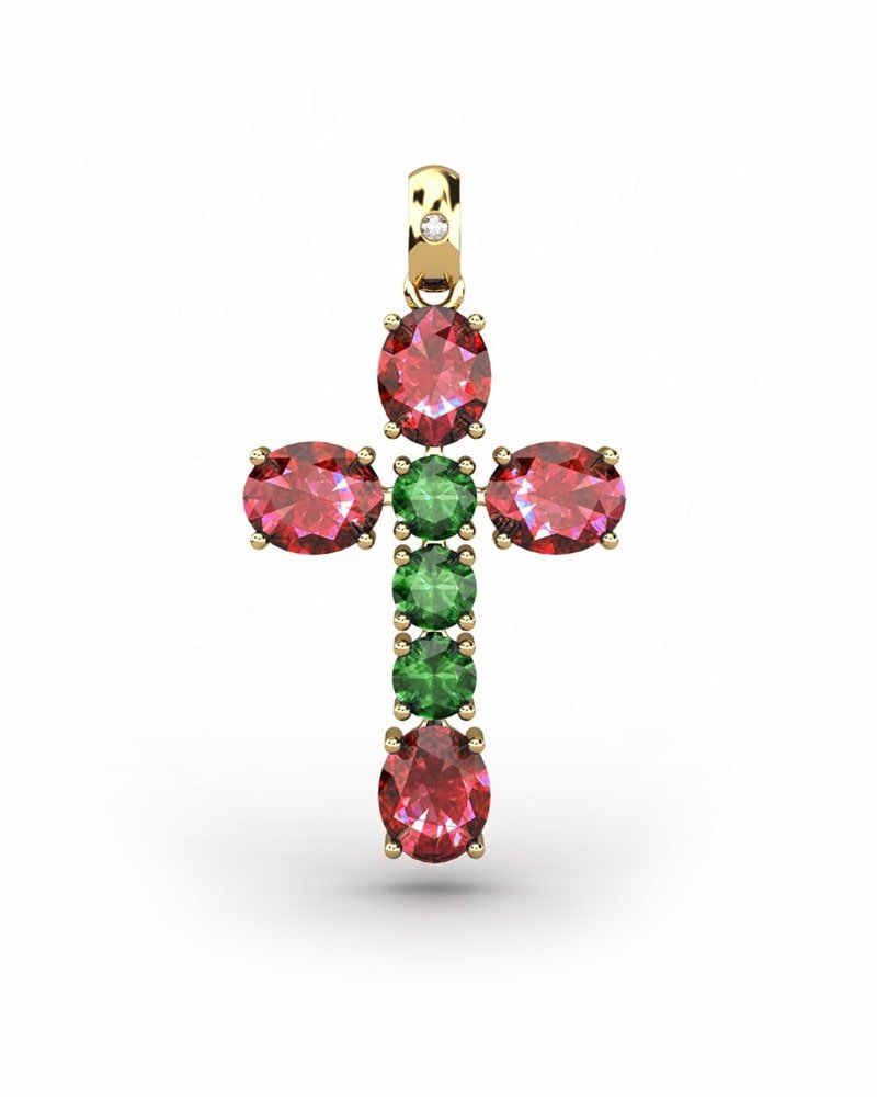 COLGANTE SPIRITUAL CRUZ DE DIAMANTE 0,01 CT Y RUBIES OVALES Y ESMERALDA - CRESBER