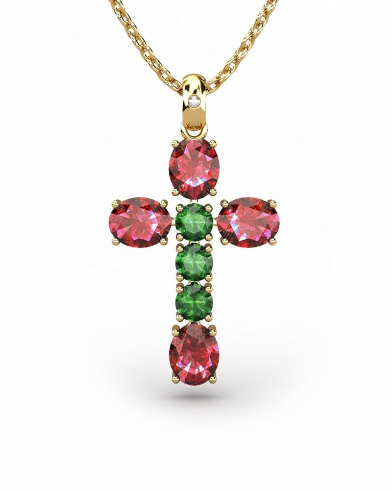 COLGANTE SPIRITUAL CRUZ DE DIAMANTE 0,01 CT Y RUBIES OVALES Y ESMERALDA - CRESBER