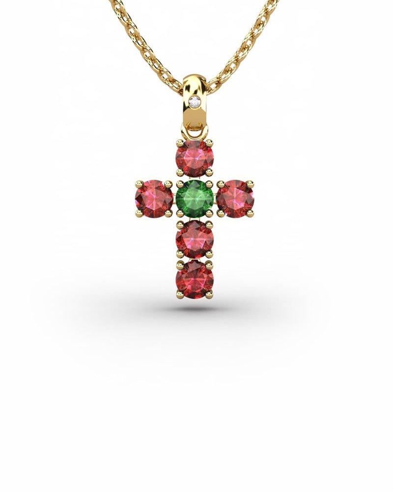 COLGANTE SPIRITUAL CRUZ DE DIAMANTE 0,01 CT Y RUBIES Y ESMERALDA - CRESBER
