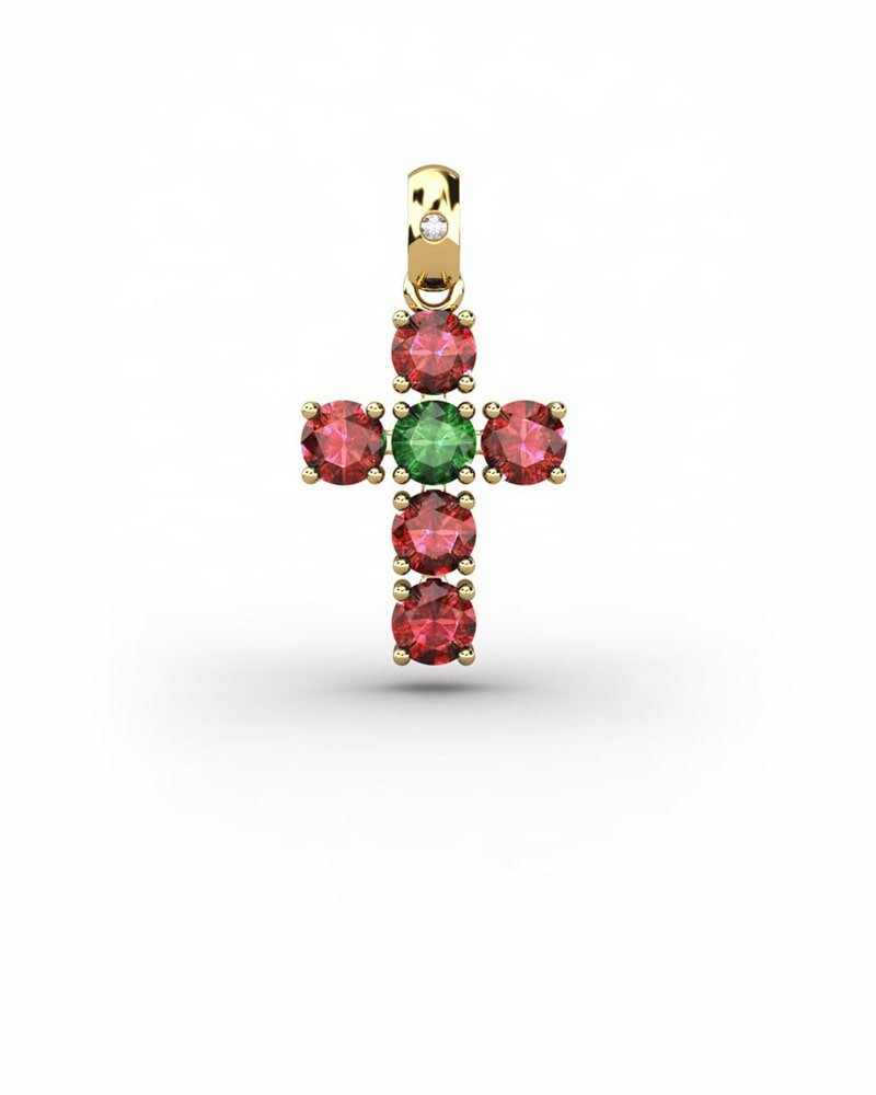 COLGANTE SPIRITUAL CRUZ DE DIAMANTE 0,01 CT Y RUBIES Y ESMERALDA - CRESBER