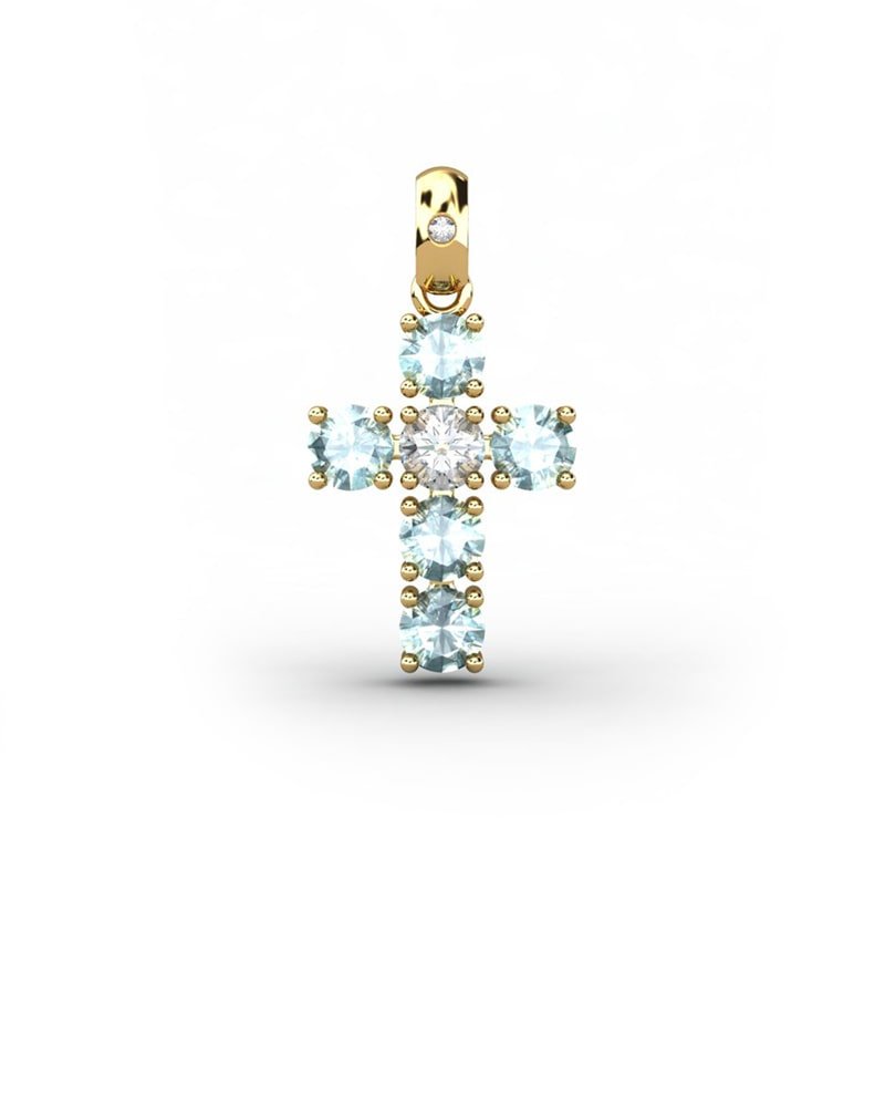 COLGANTE SPIRITUAL CRUZ DE DIAMANTE 0,01 CT Y TOPACIOS AZULES - CRESBER